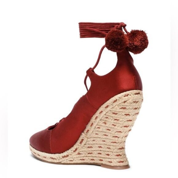 New Tory Burch Red Pompom-embellished Lace-up Satin Wedge Espadrilles Merlot 7 - Picture 3 of 16